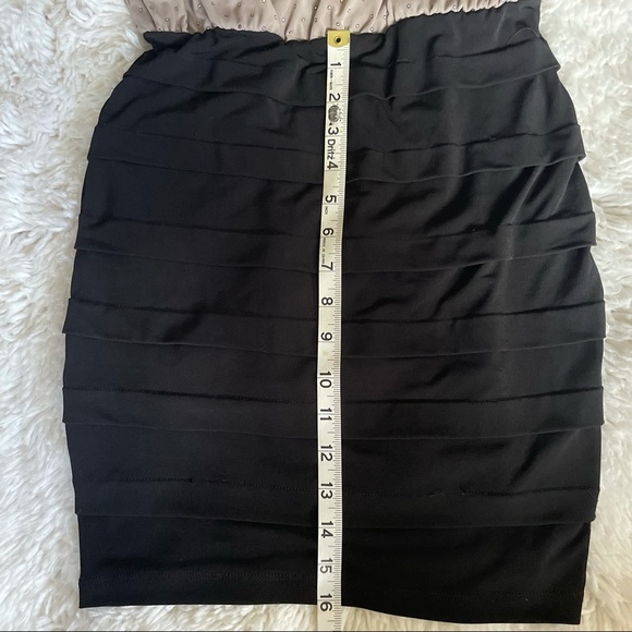 b.too | one-shoulder brown and black rhinestoned dress cinched waist size small - Picture 7 of 11